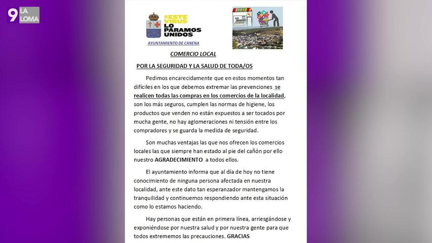 El Ayuntamiento de Canena recomienda hacer las compras necesarias en los comercios de la localidad para evitar riesgos innecesarios