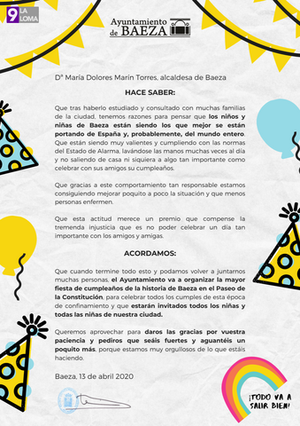 Los niños y niñas de Baeza tendrán una gran fiesta de cumpleaños cuando acabe el confinamiento 4 Bando cumpleaños infantiles Baeza