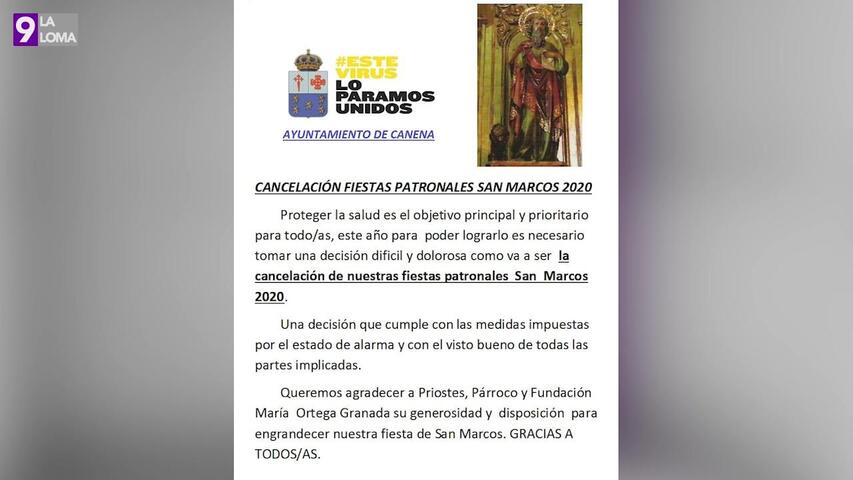 El Ayuntamiento de Canena cancela las fiestas de San Marcos