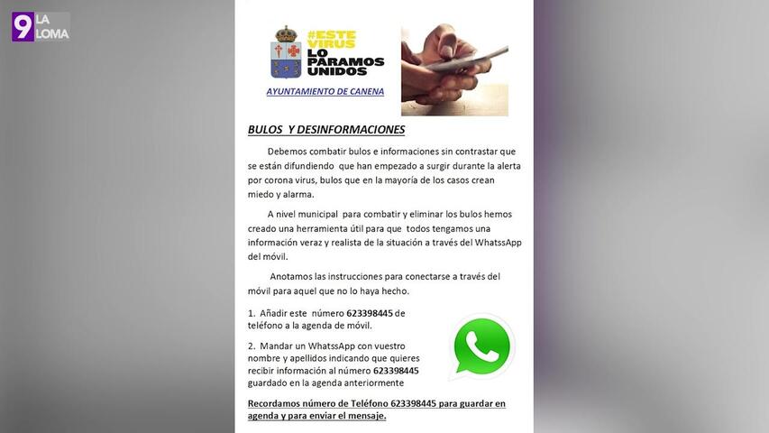 El Ayuntamiento de Canena pone un WhatsApp de información para evitar bulos y falsas informaciones