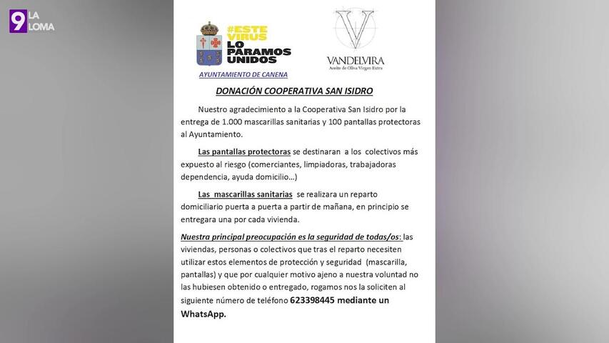La Cooperativa San Isidro dona en Canena 1000 mascarillas y 100 pantallas protectoras