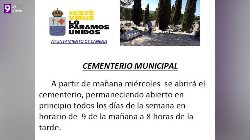 El Ayuntamiento de Canena informa que el cementerio se reabre todos los días de 9 de la mañana a 8 de la tarde