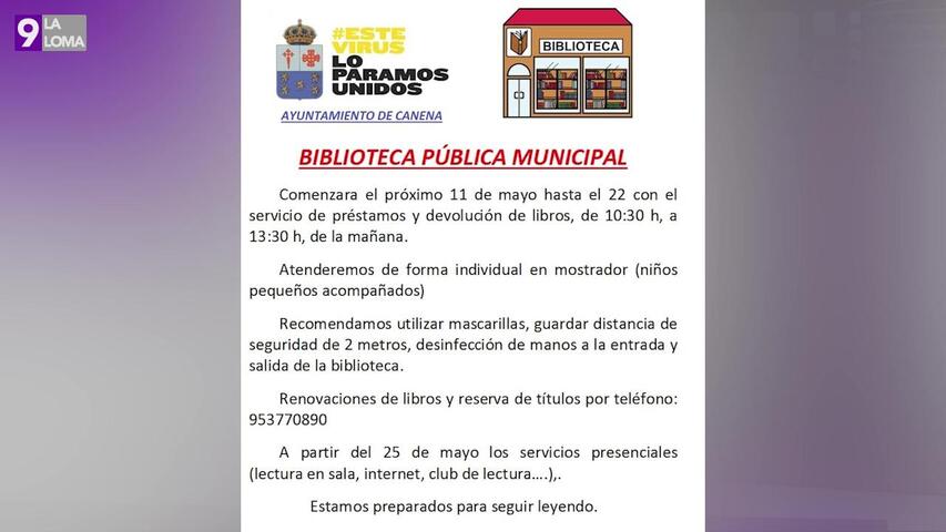 El Ayuntamiento de Canena reabre la biblioteca a partir del lunes 11 de mayo