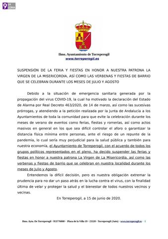 El Ayuntamiento de Torreperogil acuerda suspender las fiestas patronales y verbenas de barrio del verano
