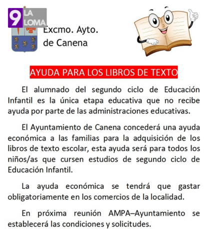 El Ayuntamiento de Canena informa de las ayudas municipales para compra de libros de texto para segundo ciclo de infantil