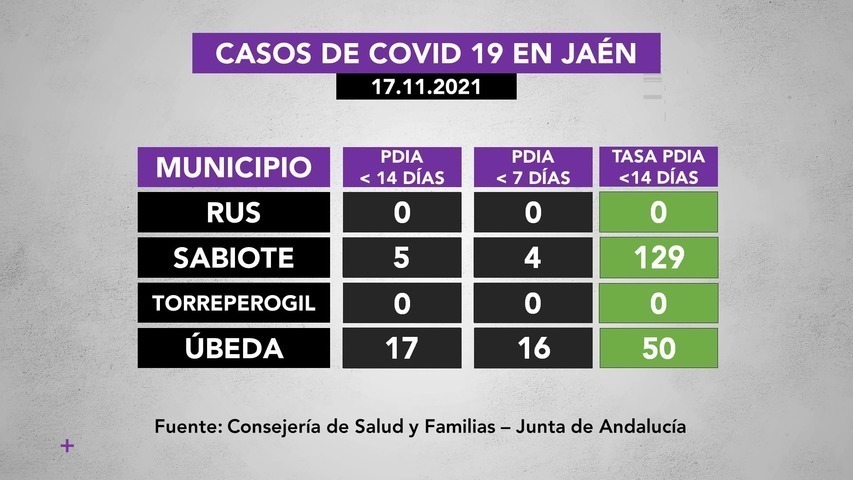 Covid19 en municipios de La Loma a 17 de noviembre: 17 casos activos en Úbeda, 6 en Baeza y 5 en Sabiote