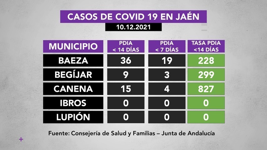 Covid19 en municipios de La Loma a 10 de diciembre: 44 casos Úbeda, 36 Baeza, 15 Canena, 12 Rus, 9 Begíjar, 4 Torreperogil y 1 Sabiote