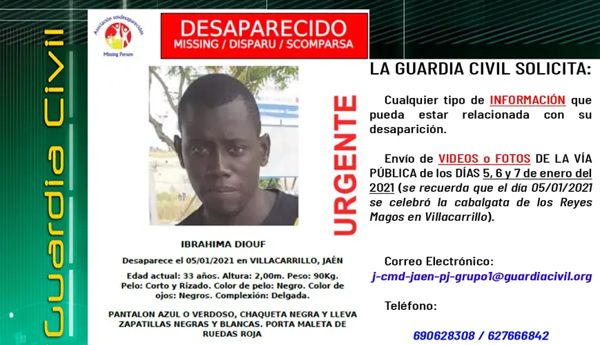La Guardia Civil solicita la colaboración ciudadana para la investigación de la desaparición de Ibrahima Diouf
