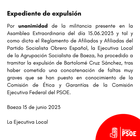 El PSOE de Baeza tramita la expulsión de Bartolomé Cruz por faltas muy graves