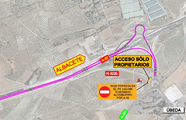 Afectaciones al tráfico en la autovía A-32 y en la N-322 por obras en el semienlace de Baeza